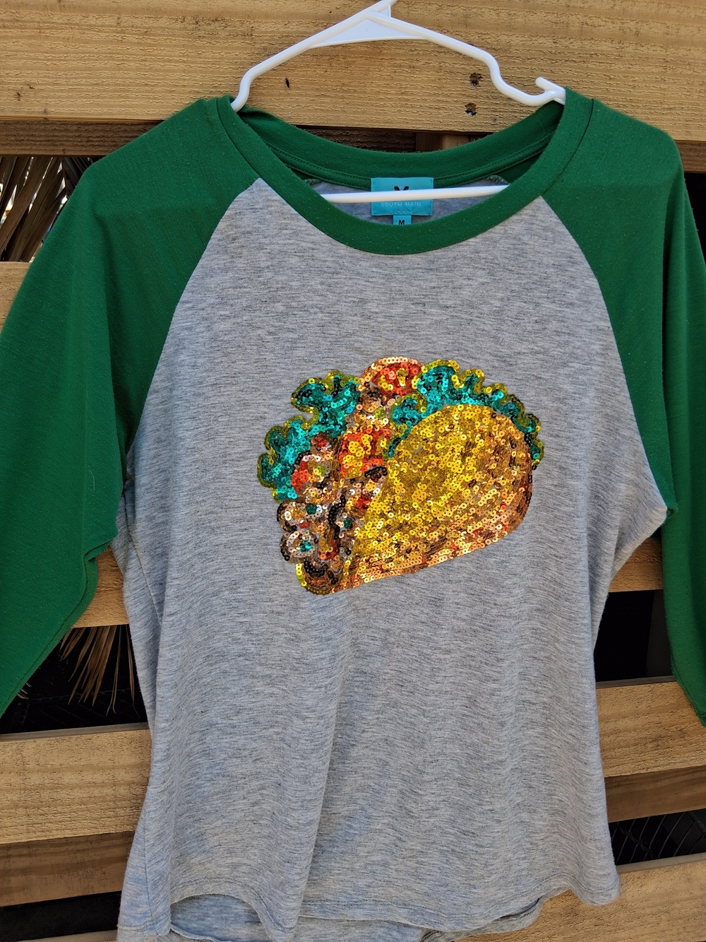Green & Gray Sequin Taco Raglan Tee by